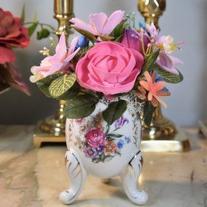 Beautiful hand-painted, footed, vintage, egg shaped vase with Sola flowers